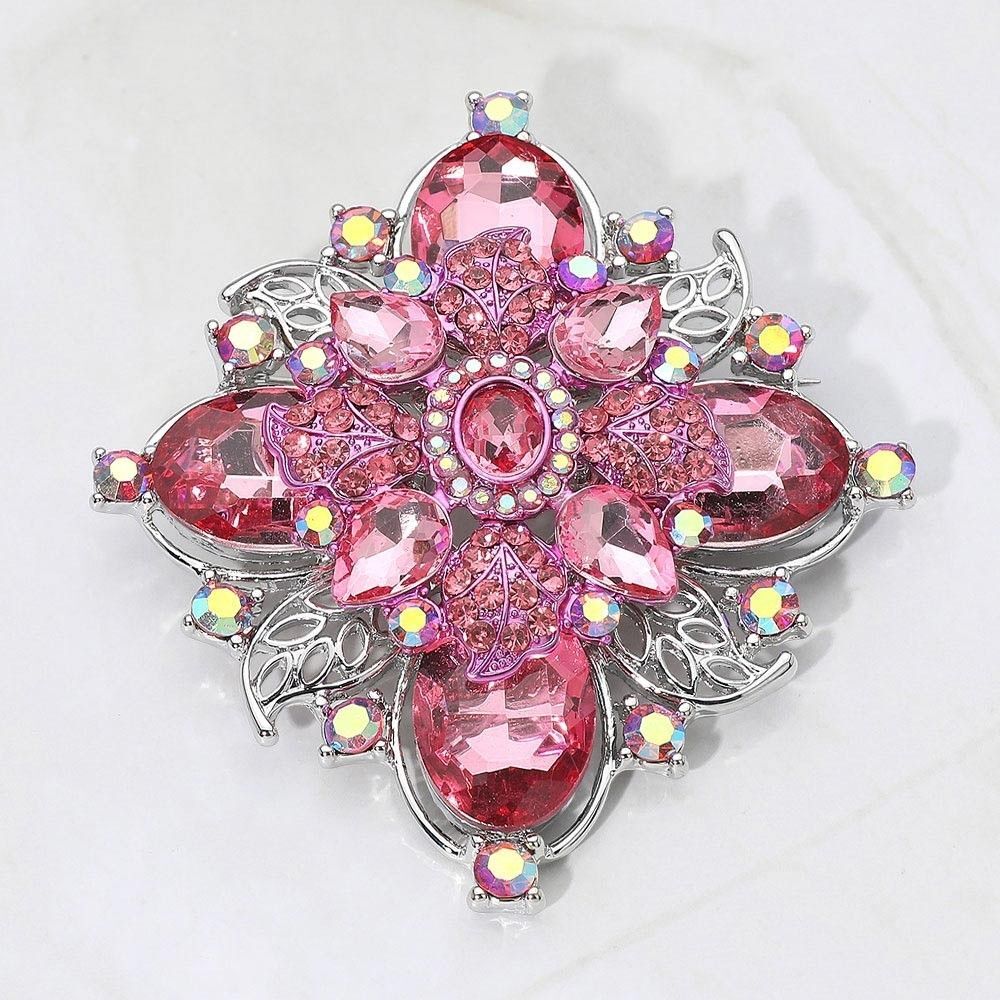 Vintage Bold Floral Pink Rhinestone Crystal Pin Brooch for Women Silver Tone